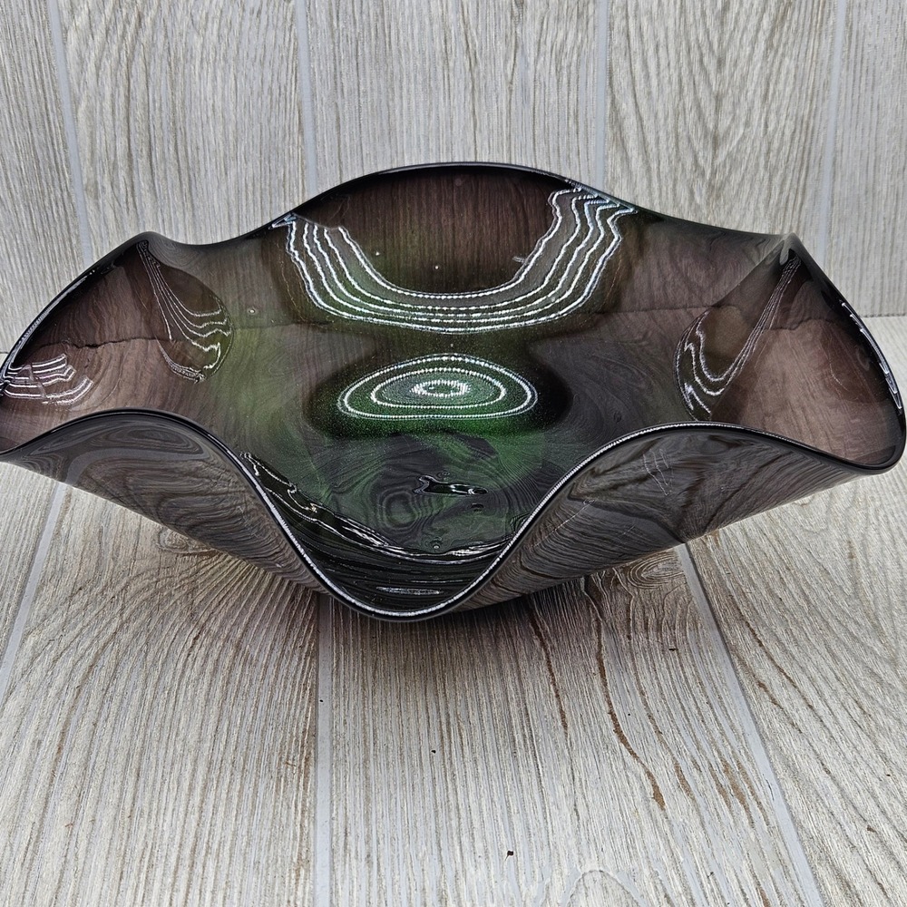 Ward 2004 Signed Studio Art Glass Wavy Bowl Smoky Purple Emerald Green